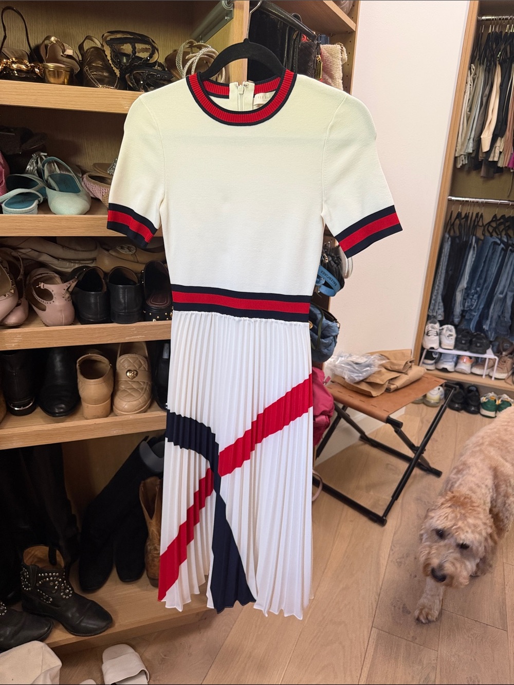 Ted Baker White Pleated Short-Sleeve Midi Dress with Red & Navy Stripes
